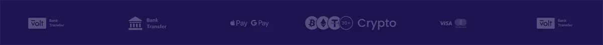 Payment methods displayed, including bank transfer, Apple Pay, Google Pay, various cryptocurrencies, Visa, and Mastercard.