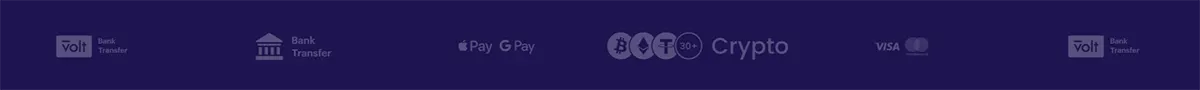 Payment methods displayed, including bank transfer, Apple Pay, Google Pay, various cryptocurrencies, Visa, and Mastercard.
