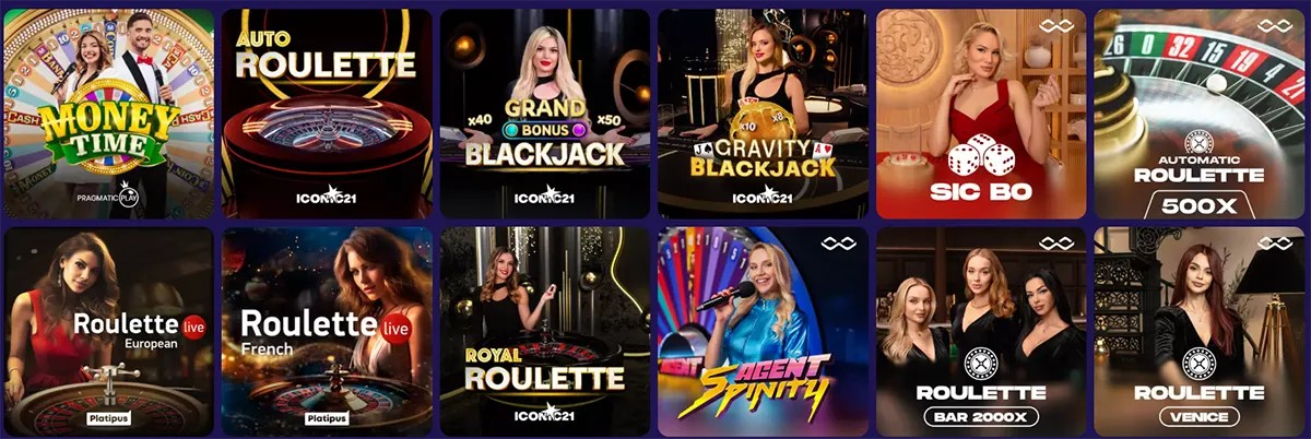 Selection of live casino games including roulette, blackjack, sic bo, Money Time, Royal Roulette, French and European Roulette, and various hosted game shows with real dealers.