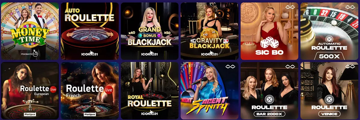 Selection of live casino games including roulette, blackjack, sic bo, Money Time, Royal Roulette, French and European Roulette, and various hosted game shows with real dealers.
